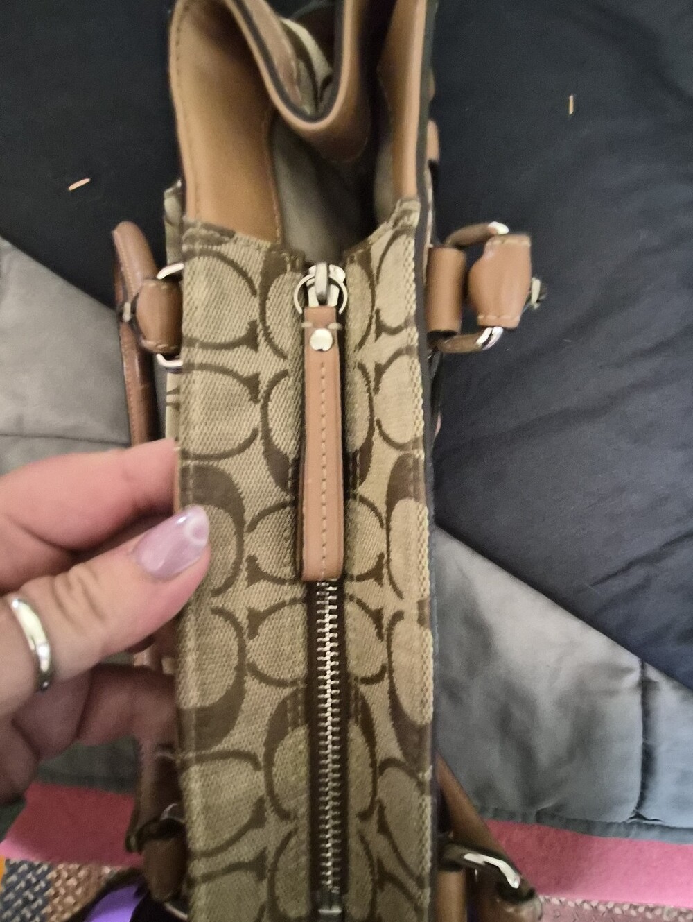 Coach Beige/Brown Signature Tote with Braided Leather Trim - Picture 5 of 6